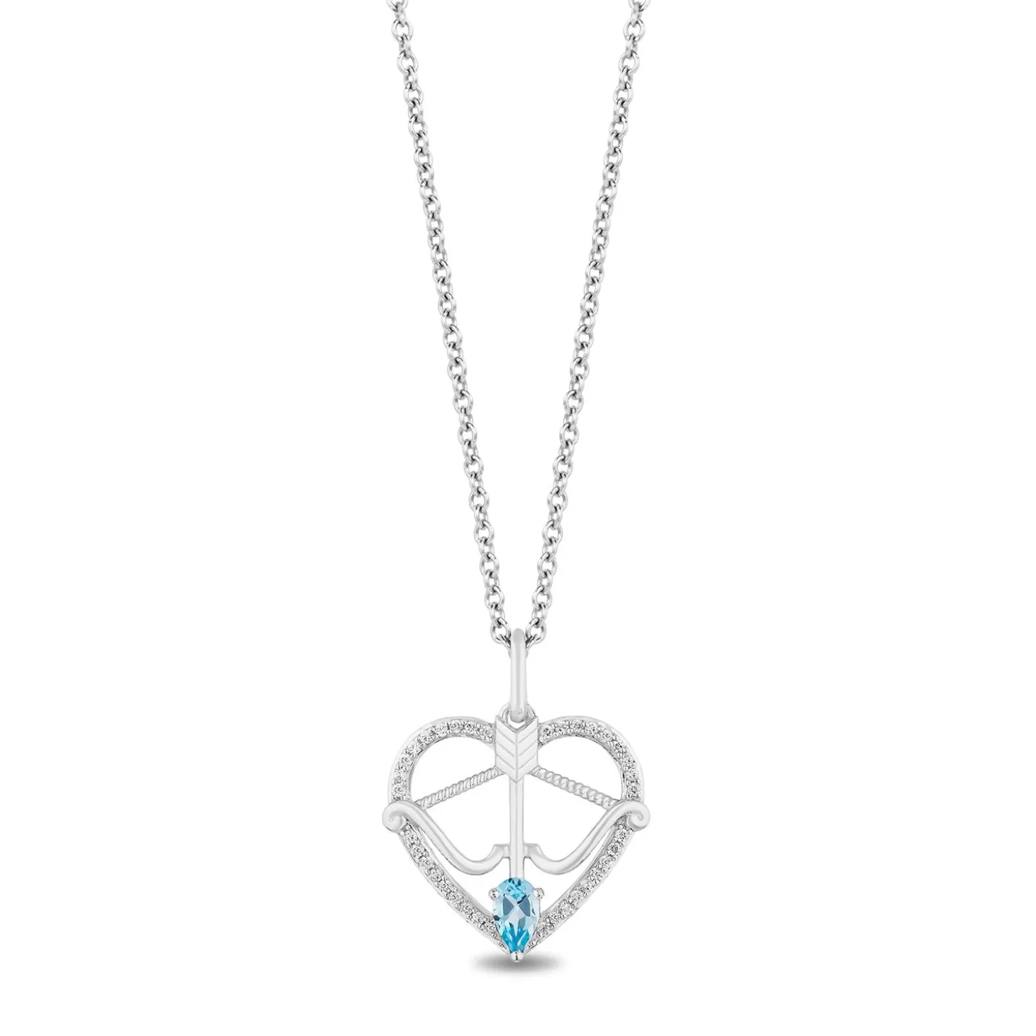 Enchanted Disney Fine Jewelry Sterling Silver 1/8 CTTW Diamond With Swiss Blue Topaz Merida Bow and Arrow Heart Pendant Necklace