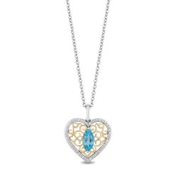 Enchanted Disney Fine Jewelry Sterling Silver and 10K Yellow Gold  With 1/6 CTTW Diamond and Swiss Blue Topaz Jasmine Heart Pendant Necklace