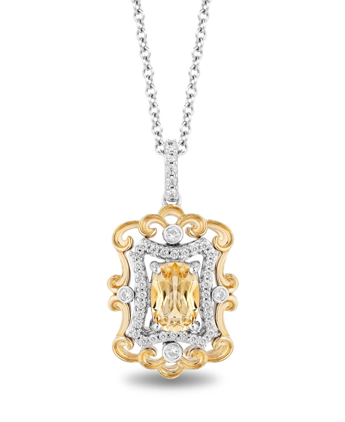 Enchanted Disney Fine Jewelry Sterling Silver and 14K Yellow Gold with 1/5 CTTW Diamond and Citrine Belle Pendant Necklace