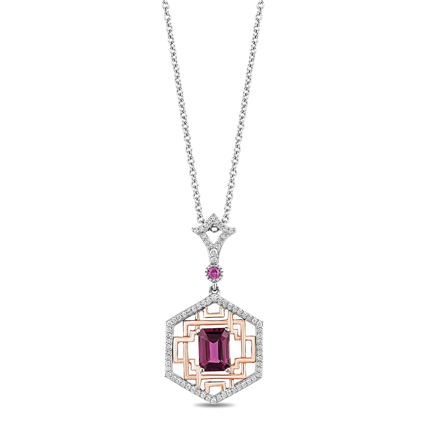 Enchanted Disney Fine Jewelry Sterling Silver and 10K Rose Gold with 1/5 CTTW Diamond and Rhodolite Garnet Mulan Pendant Necklace