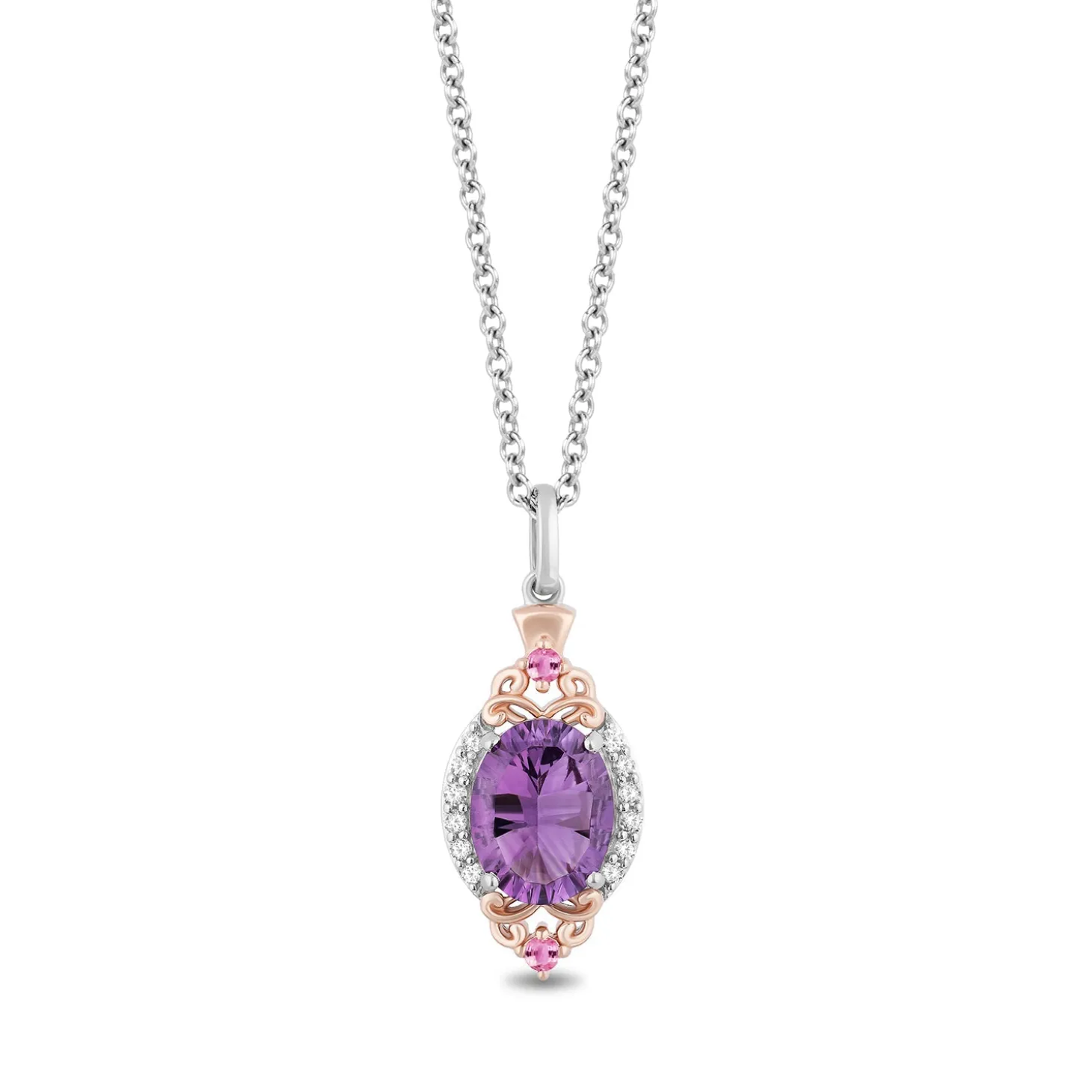 Enchanted Disney Fine Jewelry Sterling Silver and 10K Rose Gold 1/10 CTTW Diamond with Amethyst and Created Pink Sapphire Stepsisters Pendant Necklace