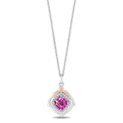 Enchanted Disney Fine Jewelry 14K Rose Gold Over Sterling Silver with 1/10 CTTW Diamonds and Created Pink Sapphire Aurora Pendant Necklace