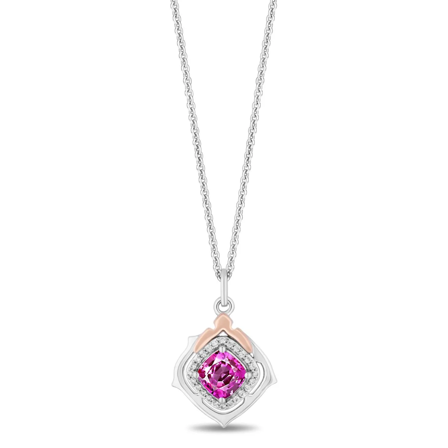Enchanted Disney Fine Jewelry 14K Rose Gold Over Sterling Silver with 1/10 CTTW Diamonds and Created Pink Sapphire Aurora Pendant Necklace