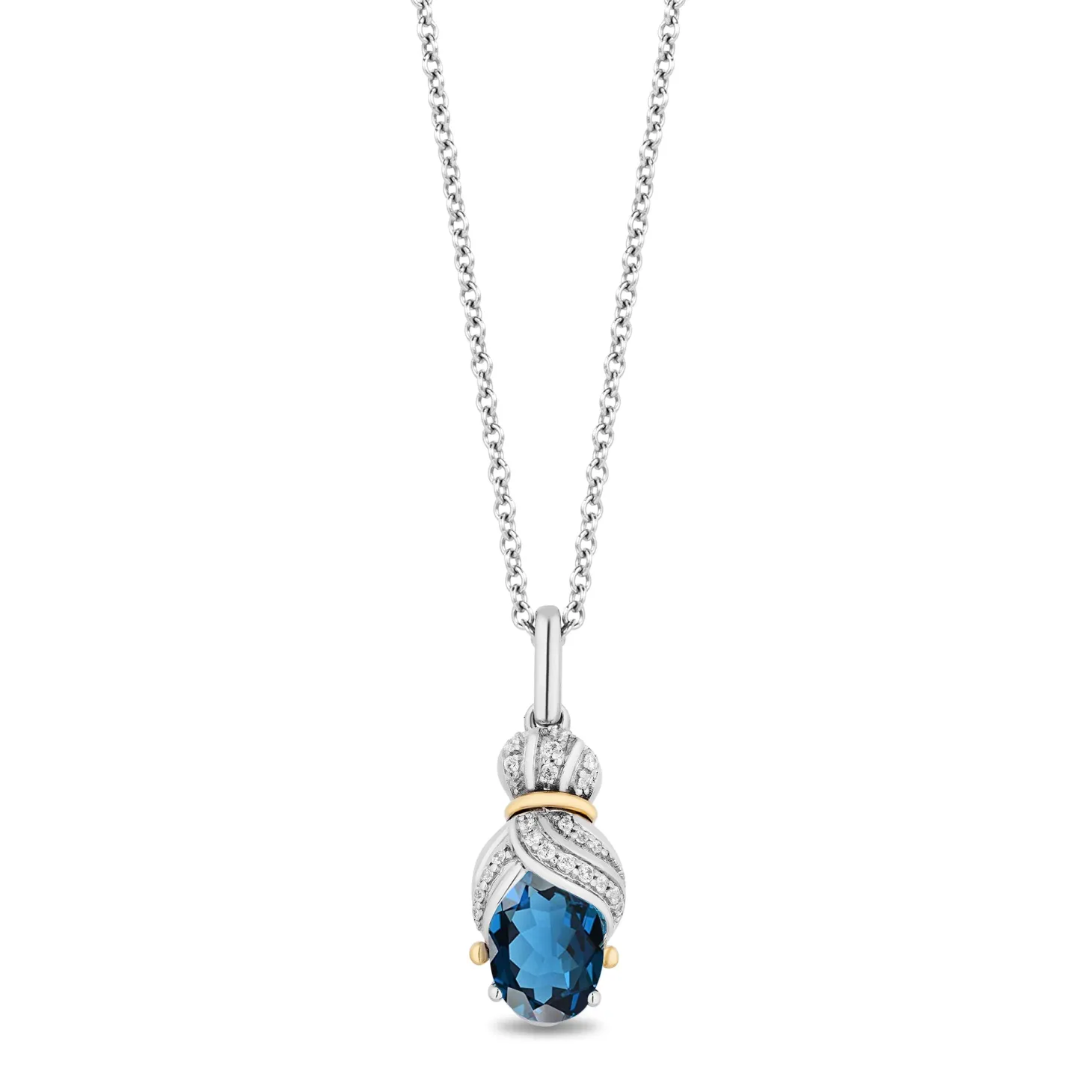 Enchanted Disney Fine Jewelry Sterling Silver and 10K Yellow Gold with White Diamond Accent and London Blue Topaz Cinderella Pendant Necklace