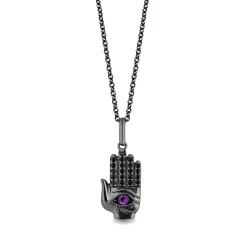 Enchanted Disney Fine Jewelry Black Rhodium over Sterling Silver with 1/6 CTTW Black Diamond and Amethyst Dr. Facilier Hand Pendant Necklace