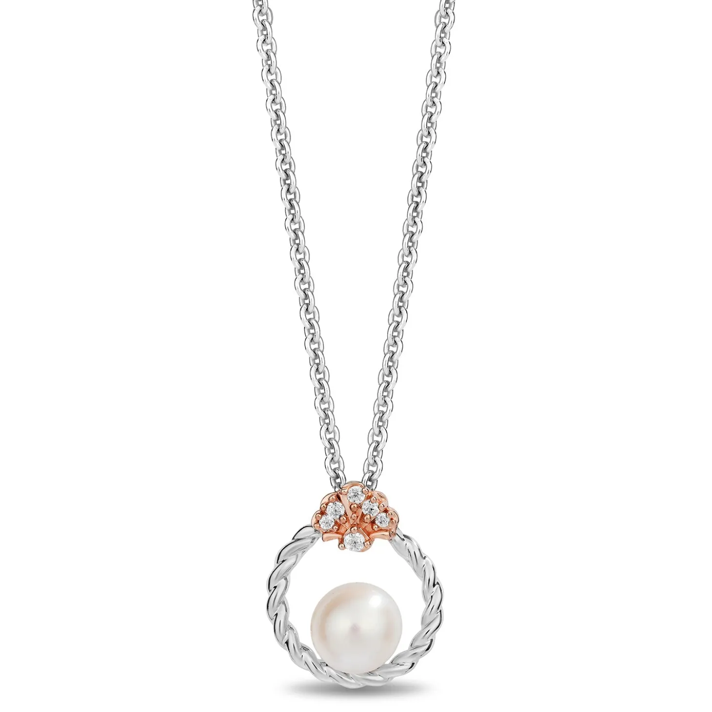 Enchanted Disney Fine Jewelry 14K Rose Gold Over Sterling Silver with 1/20 CTTW Diamonds and Fresh Water Pearl Ariel Pendant Necklace