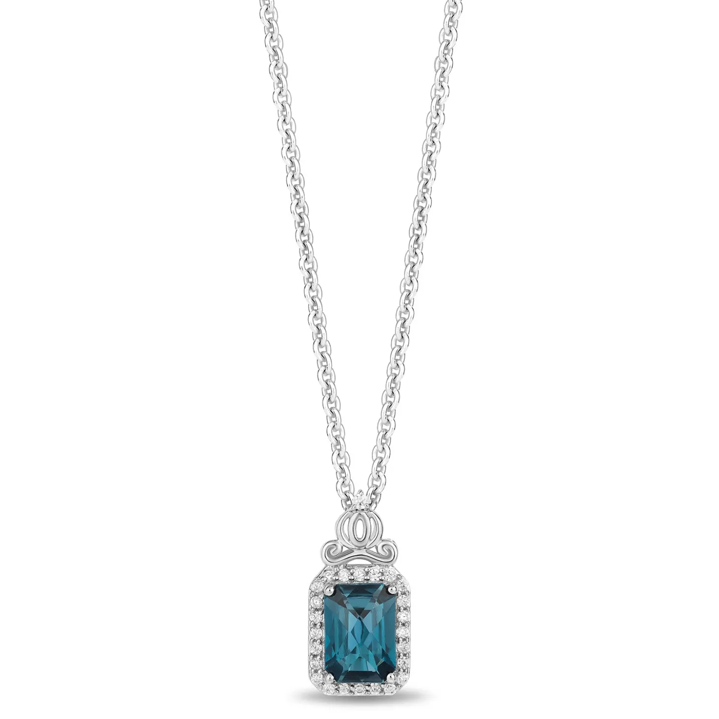 Enchanted Disney Fine Jewelry Sterling Silver with 1/10 CTTW Diamonds and London Blue Topaz Cinderella Pendant Necklace