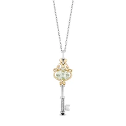 Enchanted Disney Fine Jewelry Sterling Silver and 10K Yellow Gold 1/20 CTTW Diamonds with Green Amethyst and Green Tourmaline Stepsisters Key Pendant Necklace