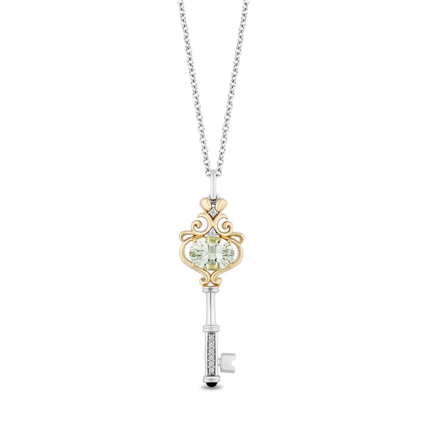 Enchanted Disney Fine Jewelry Sterling Silver and 10K Yellow Gold 1/20 CTTW Diamonds with Green Amethyst and Green Tourmaline Stepsisters Key Pendant Necklace