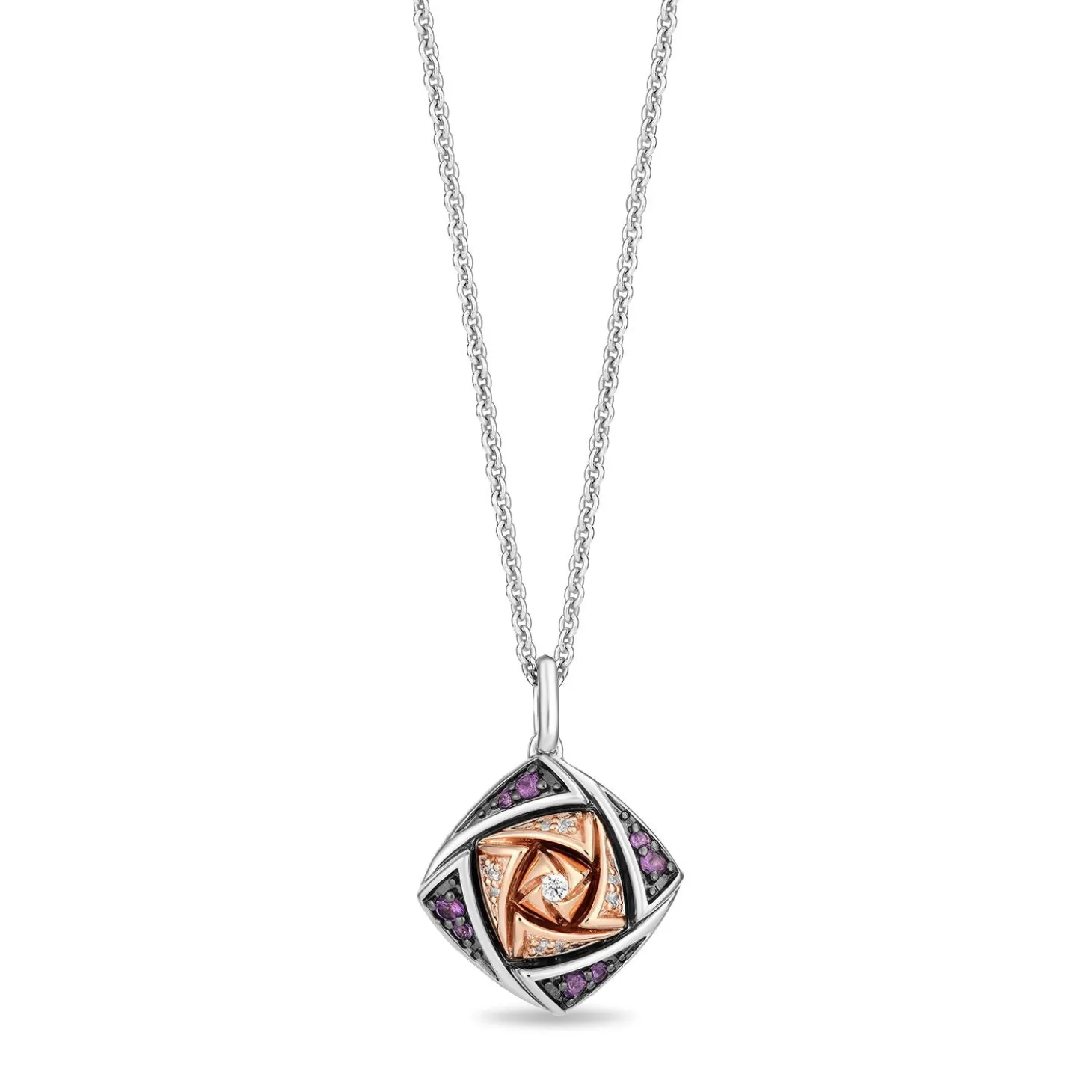Enchanted Disney Fine Jewelry Sterling Silver and 10K Rose Gold with 1/20 CTTW Diamonds and Amethyst Wish Rosas Symbol Pendant Necklace