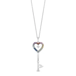 Enchanted Disney Fine Jewelry Sterling Silver with 1/10 CTTW Diamonds and Gemstones Majestic Princess Key Heart Necklace