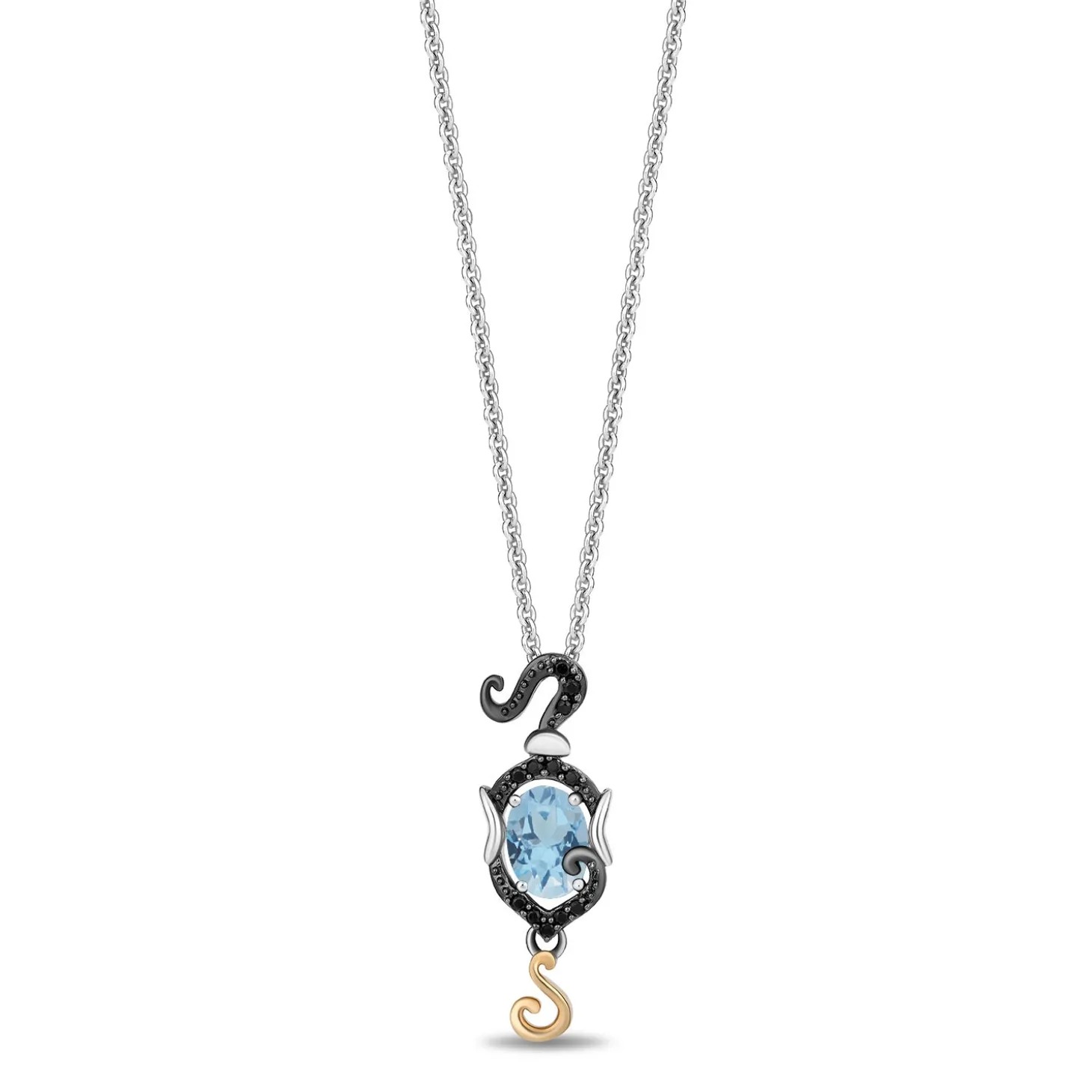 Enchanted Disney Fine Jewelry Black Rhodium and 10K Yellow Gold with Sterling Silver with 1/10 CTTW Diamond and Swiss Blue Topaz Jasmine Pendant Necklace