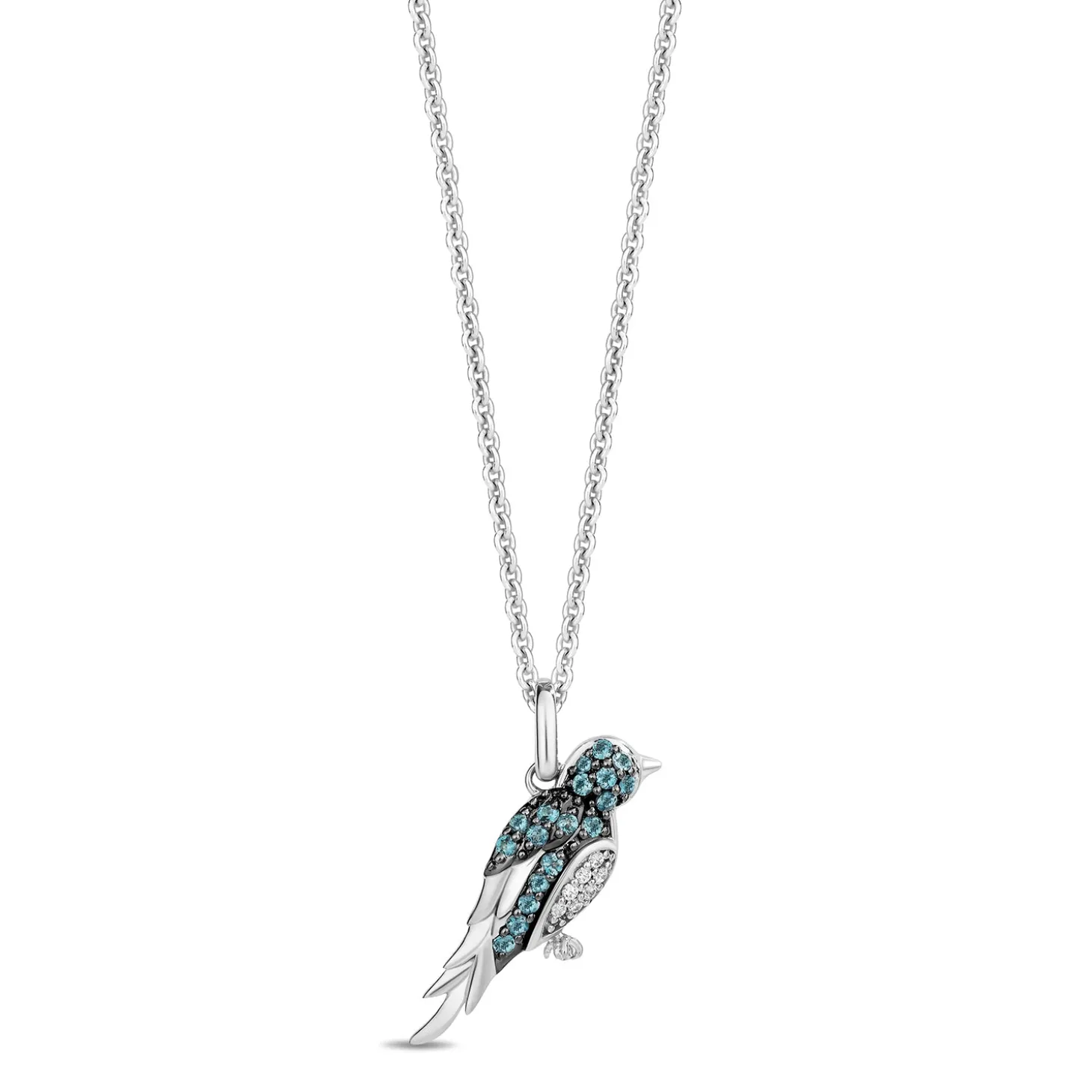 Enchanted Disney Fine Jewelry Sterling Silver with 1/20 CTTW Diamonds and London Blue Topaz Cinderella Bird Pendant Necklace