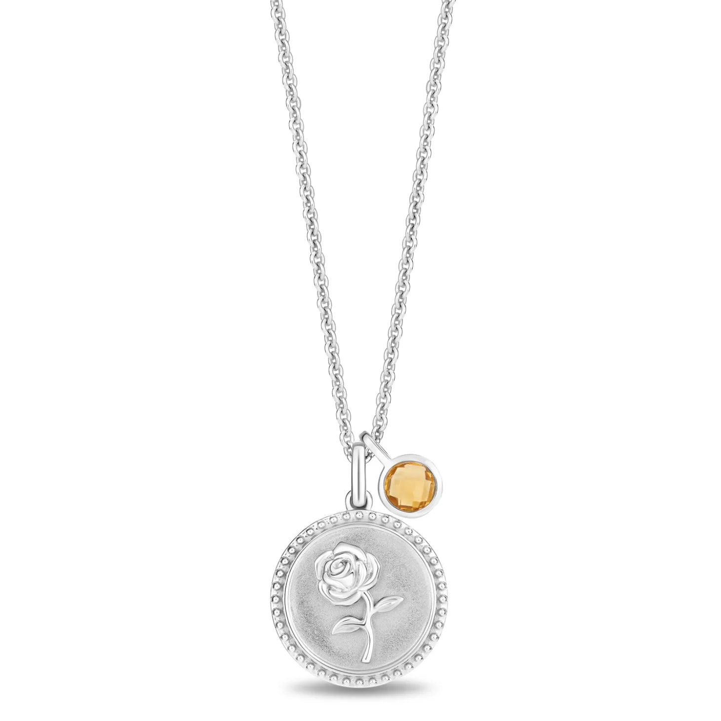 Enchanted Disney Fine Jewelry Sterling Silver with Checkerboard Citrine Belle Rose Pendant Necklace