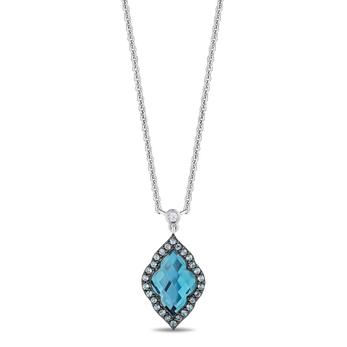 Enchanted Disney Fine Jewelry Black Rhodium Over Sterling Silver 1/3 CTTW Diamond and Special Cut Swiss Blue Topaz Jasmine Necklace