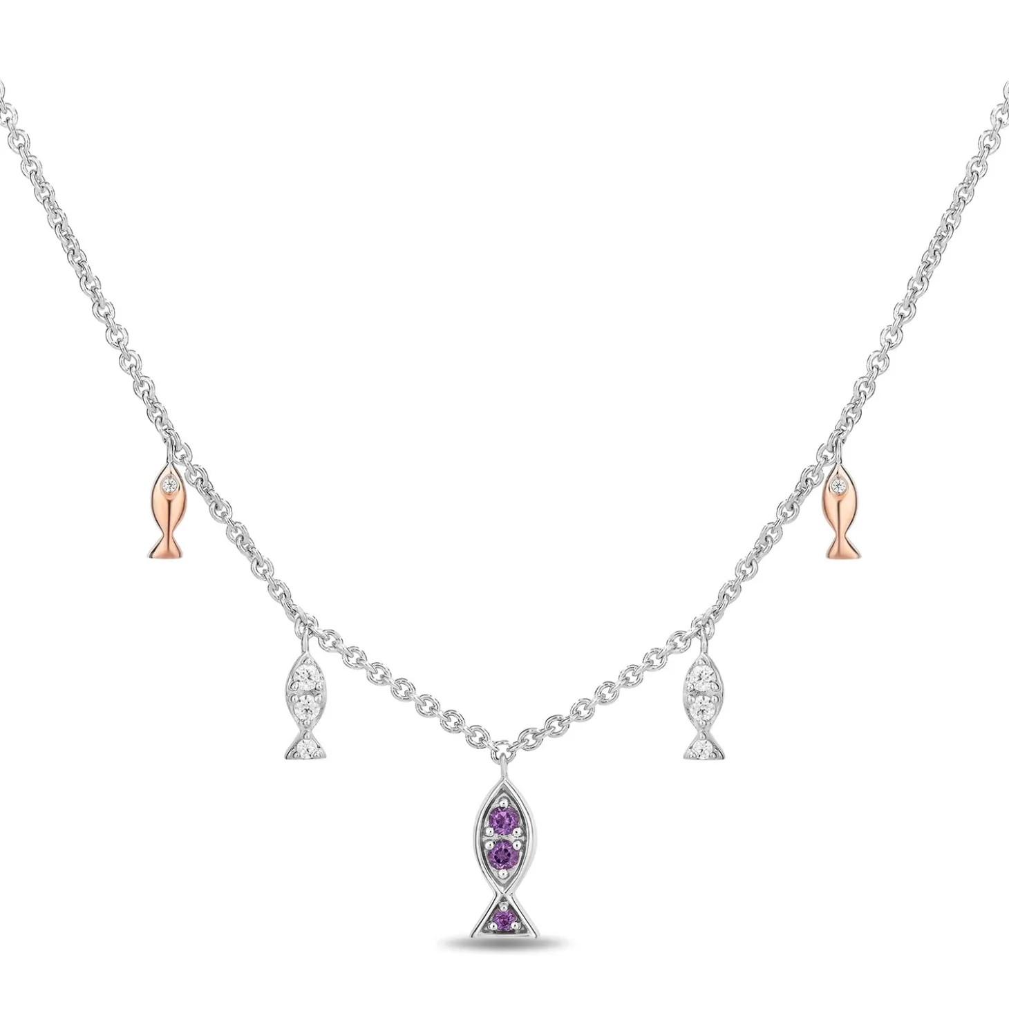 Enchanted Disney Fine Jewelry 14K Rose Gold Over Sterling Silver with 1/10 CTTW Diamonds and Amethyst Ariel Necklace