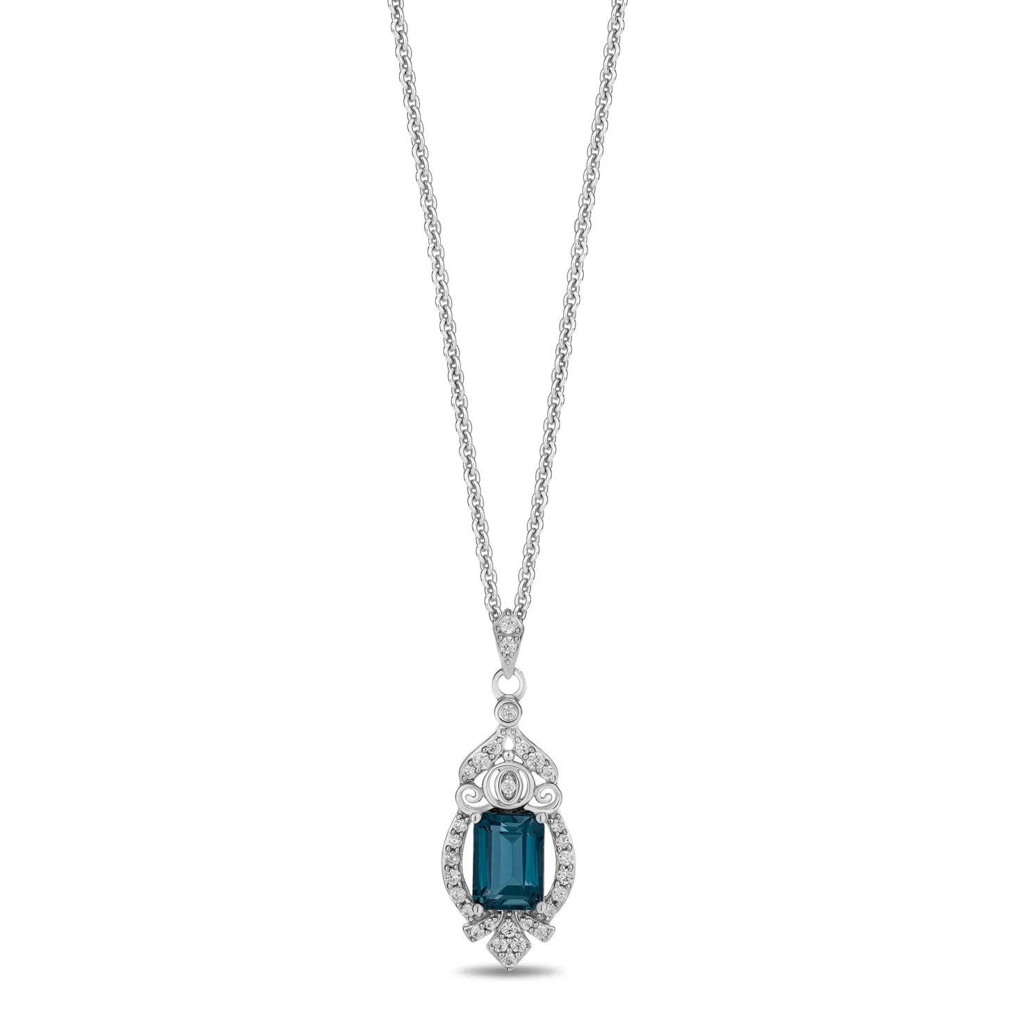 Enchanted Disney Fine Jewelry Sterling Silver with 1/5 CTTW Diamonds and London Blue Topaz Cinderella Pendant Necklace