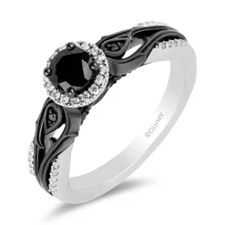 Enchanted Disney Fine Jewelry 14K White Gold with Black Rhodium Maleficent Halo Engagement Ring with 1/2 CT Black Diamond Center and 3/4 CTTW Diamonds