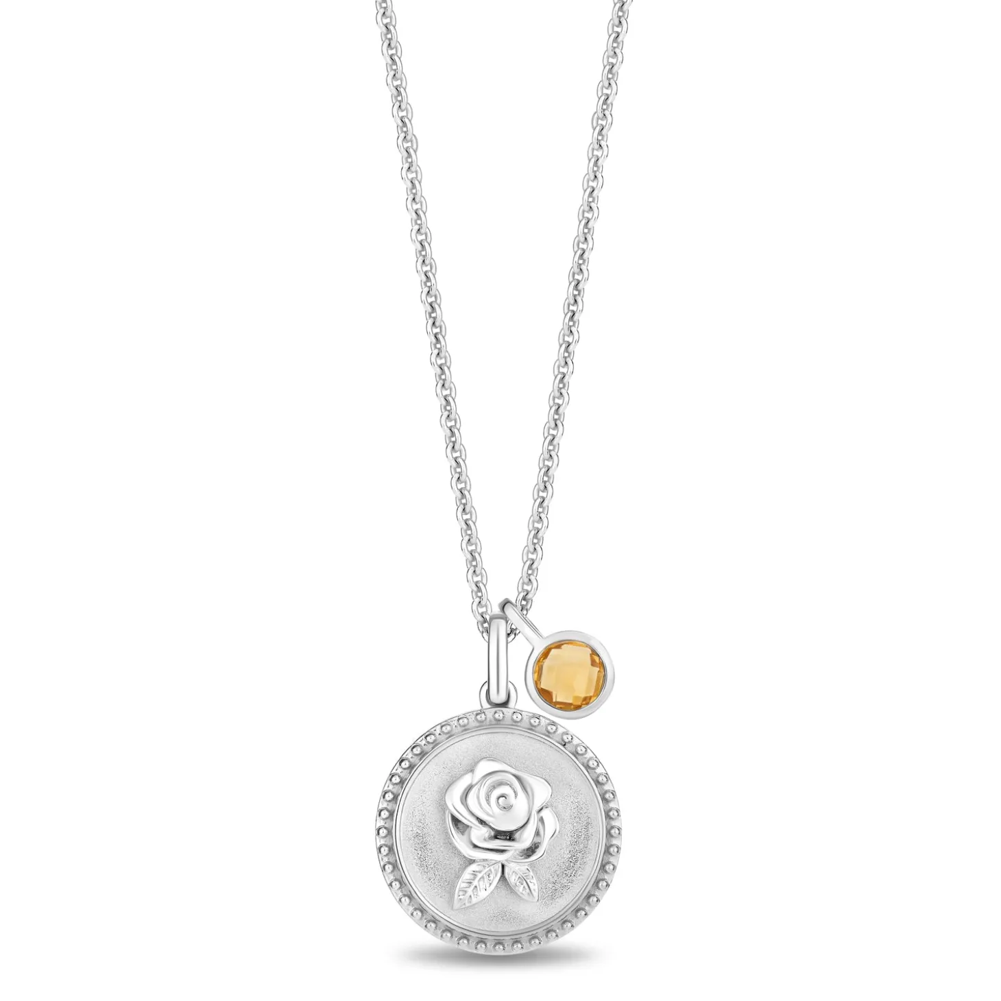 Enchanted Disney Fine Jewelry Sterling Silver with Checkerboard Citrine Belle Rose Pendant Necklace