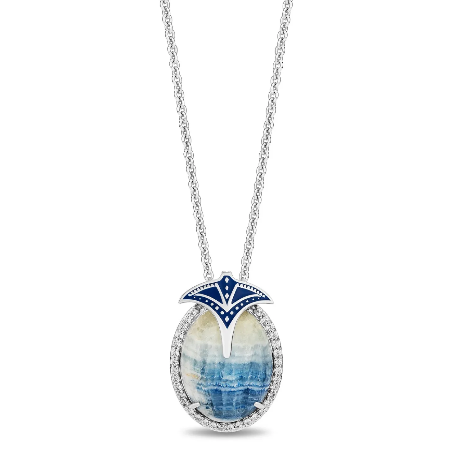 Enchanted Disney Fine Jewelry Sterling Silver with 1/8 CTTW Diamonds and Oval Blue Scheelite Moana Necklace