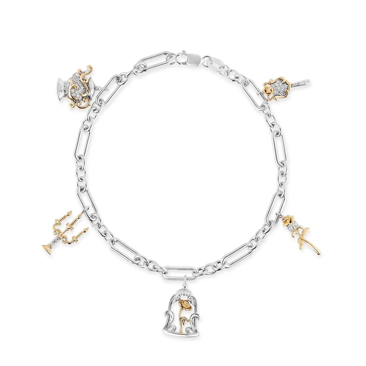 Enchanted Disney Fine Jewelry Sterling Silver and 10K Yellow Gold 1/6 CTTW Diamond Belle 30th Charm Bracelet