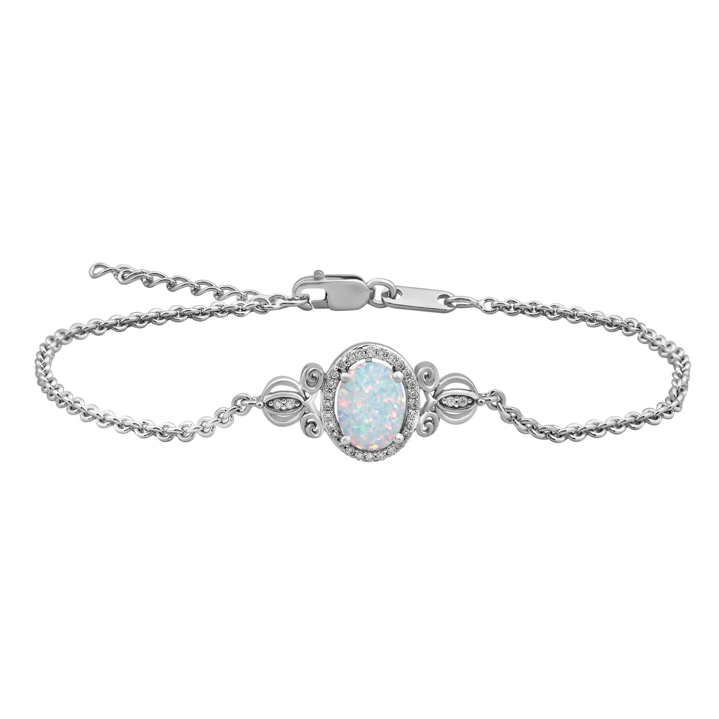 Enchanted Disney Fine Jewelry Sterling Silver with 1/10 CTTW Diamonds and Created Opal Cinderella Carriage Bracelet