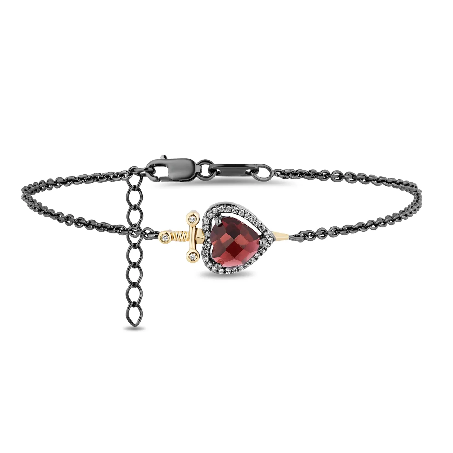 Enchanted Disney Fine Jewelry Black Rhodium over Sterling Silver and 10K Yellow Gold With 1/10 CTTW Diamond and Garnet Evil Queen Dagger Bracelet