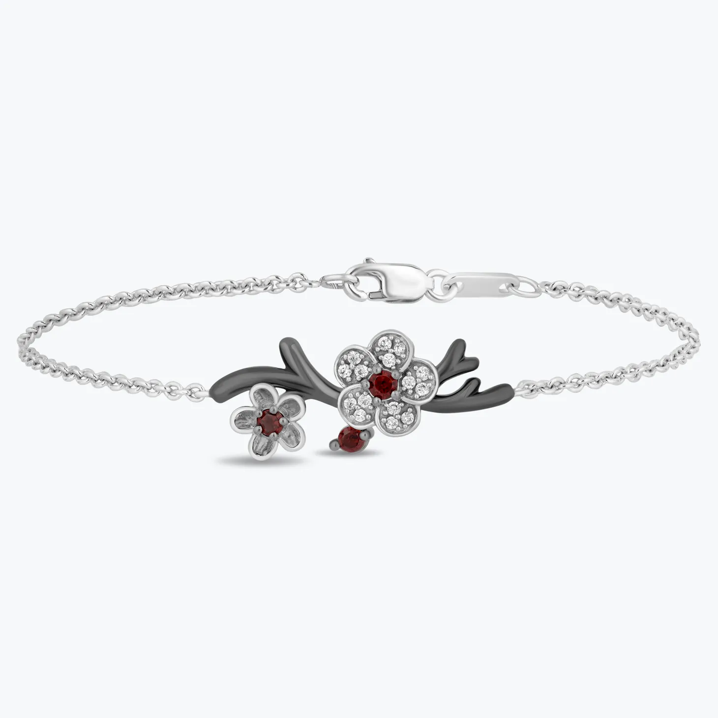 Enchanted Disney Fine Jewelry Black Rhodium over Sterling Silver with 1/7 CTTW Diamond and Red Garnet Mulan Bracelet