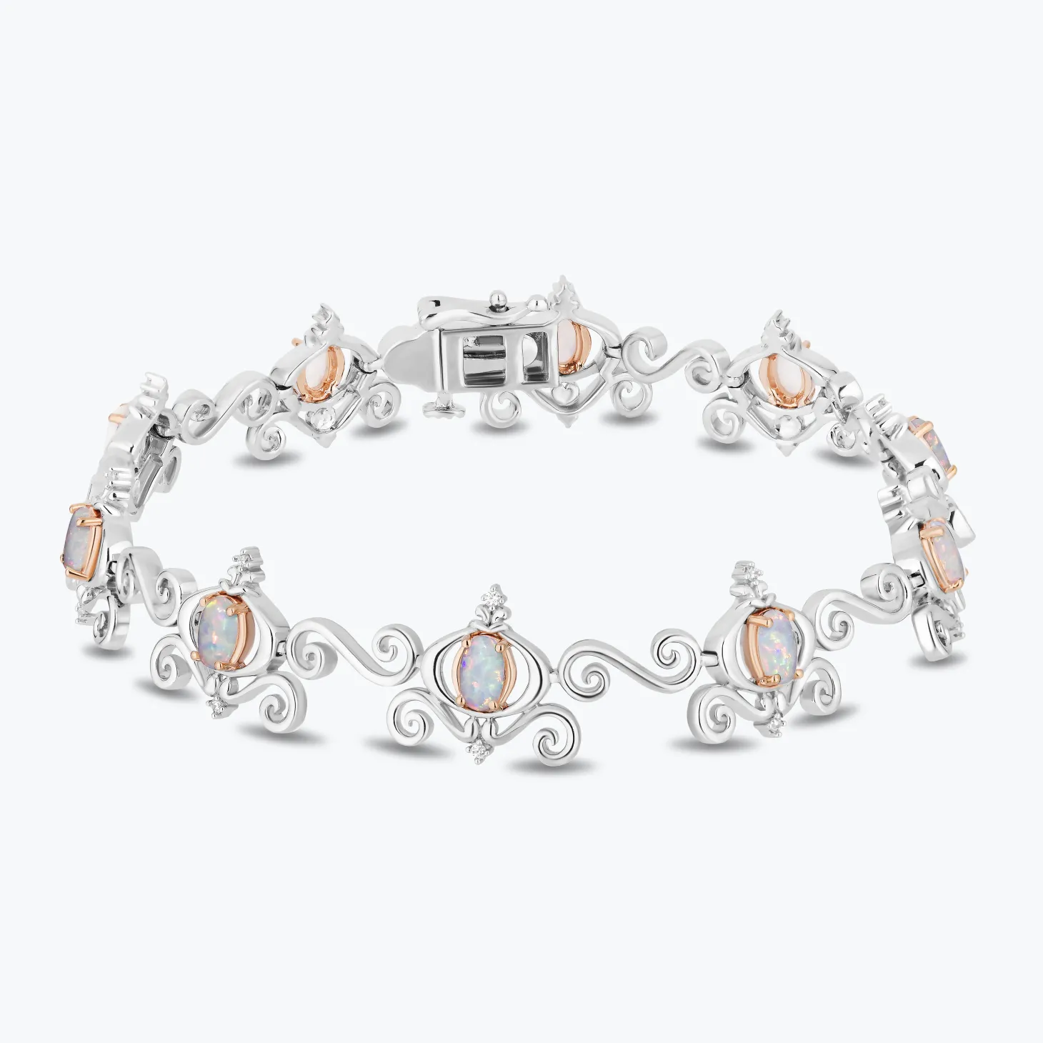 Enchanted Disney Fine Jewelry Sterling Silver and 10K Rose Gold with 1/10 CTTW Diamonds and Created Opal Cinderella Bracelet