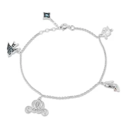 Enchanted Disney Fine Jewelry Sterling Silver and 10K Rose Gold with 1/10 CTTW Diamonds and London Blue Topaz Cinderella Charm Bracelet