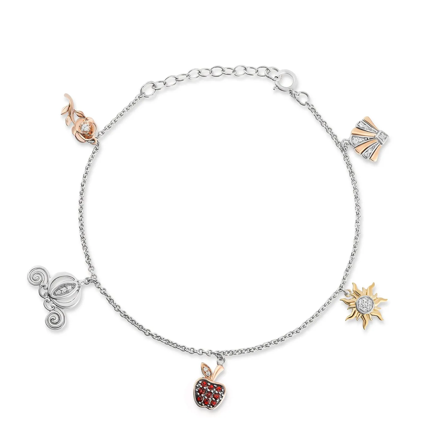 Enchanted Disney Fine Jewelry 14K Rose Gold and Yellow Gold Over Sterling Silver with 1/8 CTTW Diamonds and Garnet Majestic Princess Charm Bracelet