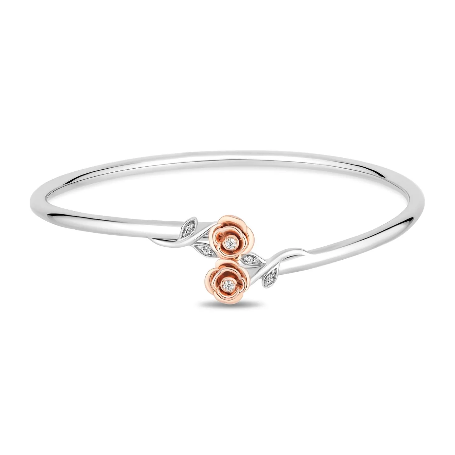 Enchanted Disney Fine Jewelry Sterling Silver and 10K Rose Gold with 1/10 CTTW Diamonds Belle Cuff Bangle