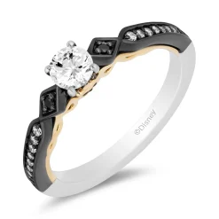 Enchanted Disney Fine Jewelry 14K White Gold and Yellow Gold with Black Rhodium Evil Queen Engagement Ring with 1/2 CT Round Center and 5/8 CTTW Diamonds and Garnet Peek-a-boo Surprise