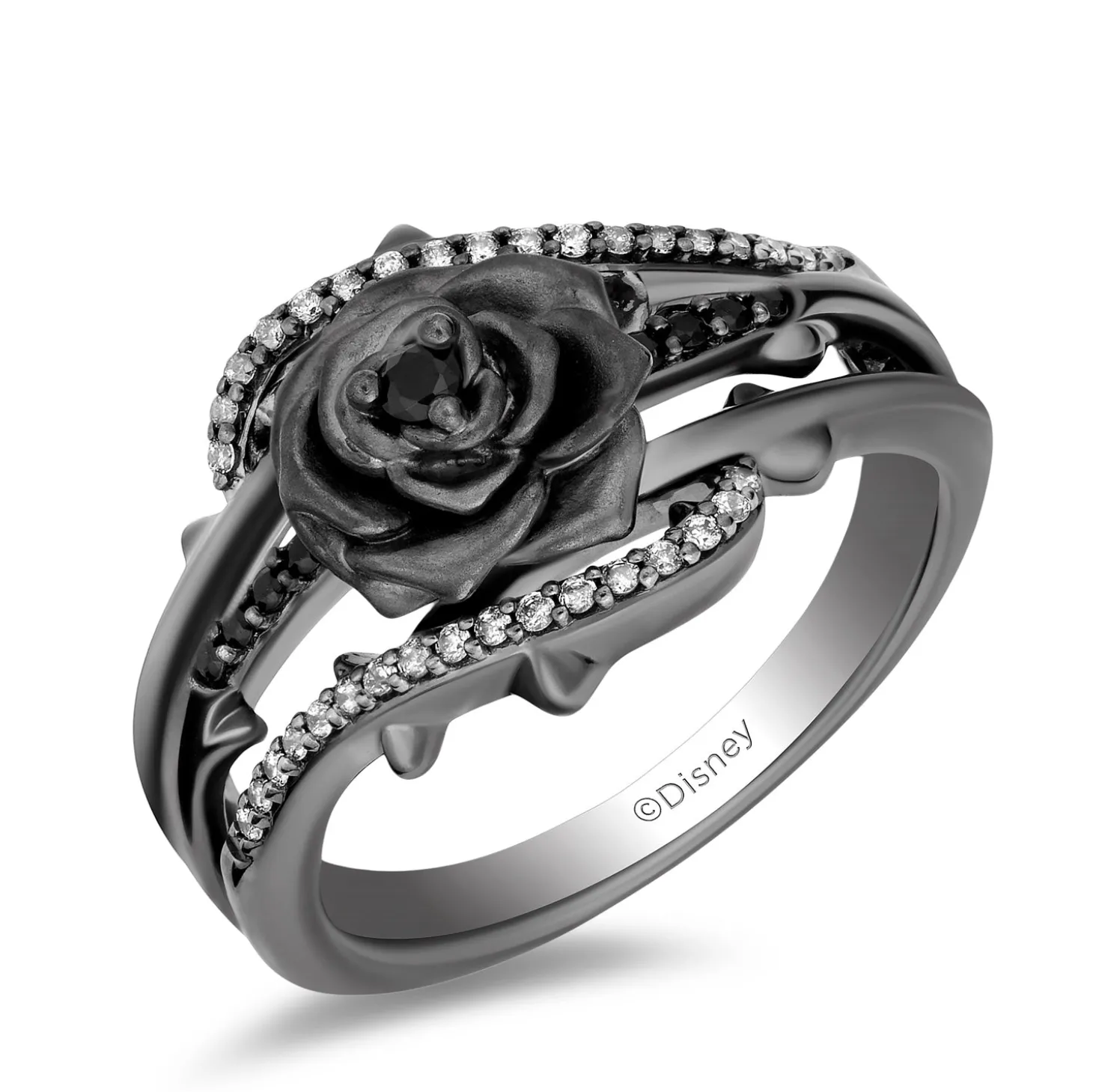 Enchanted Disney Fine Jewelry Black Rhodium Over Sterling Silver with 1/5 CTTW Black and White Diamond with Black Onyx Maleficent Ring