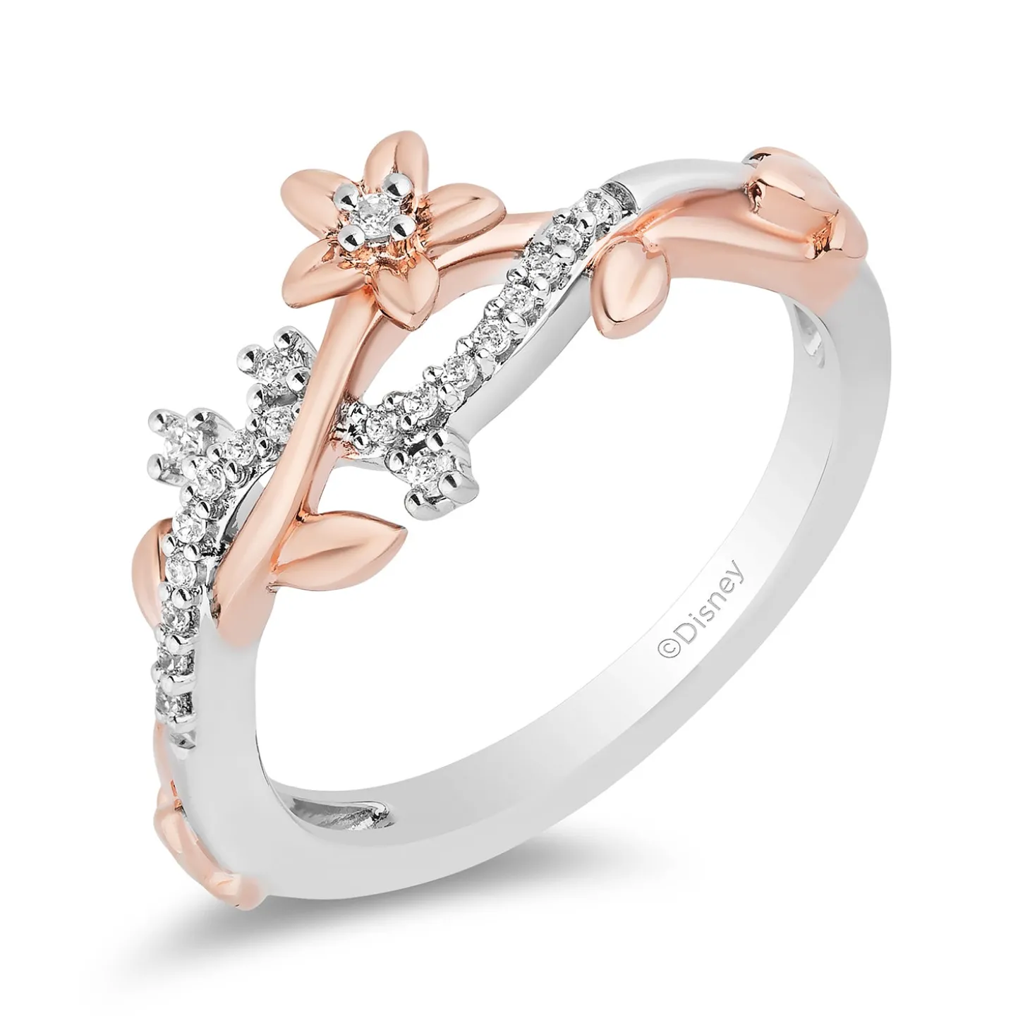 Enchanted Disney Fine Jewelry Sterling Silver and 10K Rose Gold with 1/10 CTTW Diamond Rapunzel Magical Flower Ring