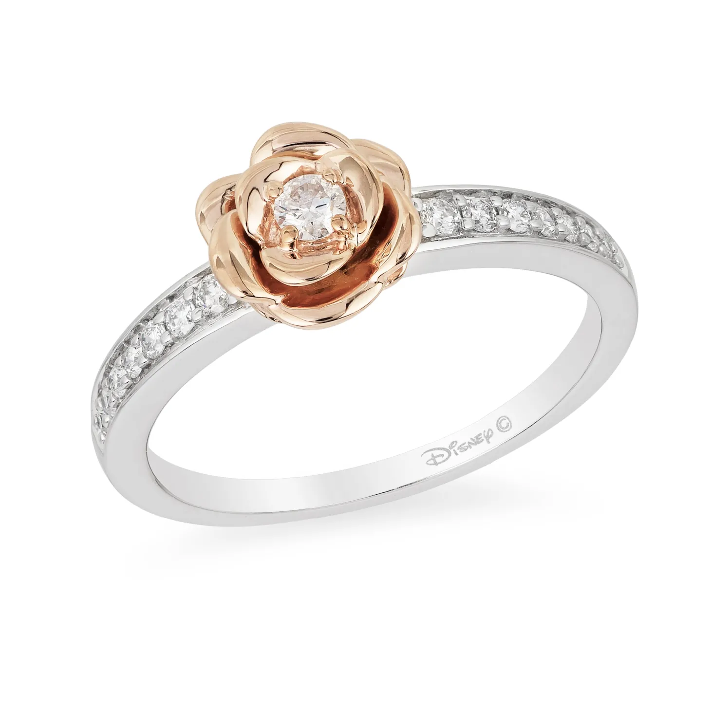 Enchanted Disney Fine Jewelry Sterling Silver and 10K Rose Gold 1/5 CTTW Belle Rose Ring