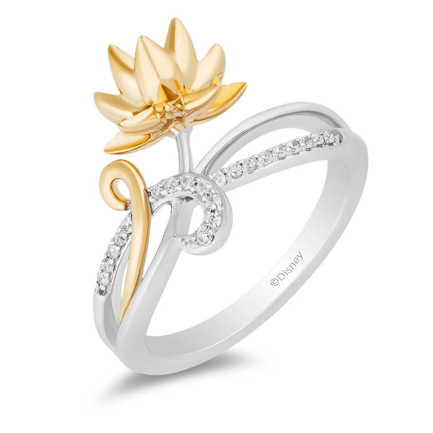 Enchanted Disney Fine Jewelry Sterling Silver and 10K Yellow Gold With 1/10 CTTW Diamond Tiana Lotus Ring