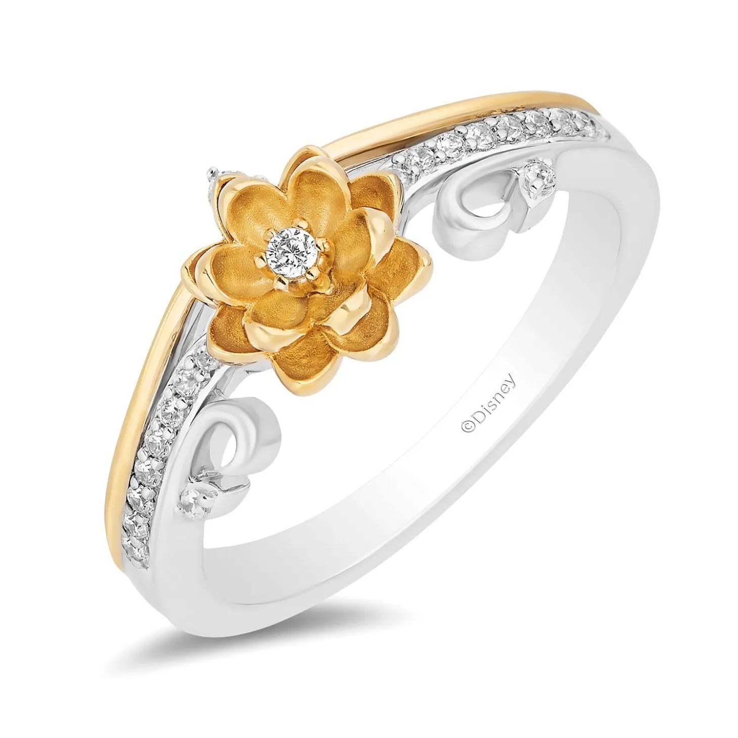 Enchanted Disney Fine Jewelry Sterling Silver and 10K Yellow Gold 1/8 CTTW Diamond Tiana Flower Ring