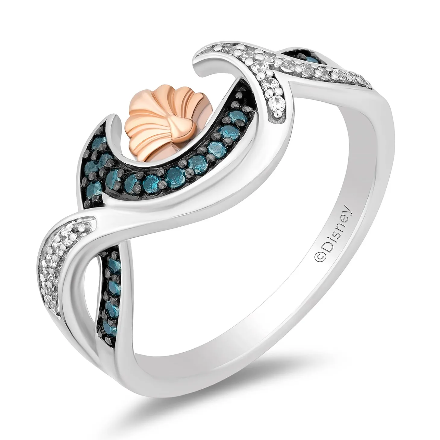 Enchanted Disney Fine Jewelry Sterling Silver and 10K Rose Gold with 1/5 CTTW White Diamonds and Blue Diamonds Ariel Seashell Ring