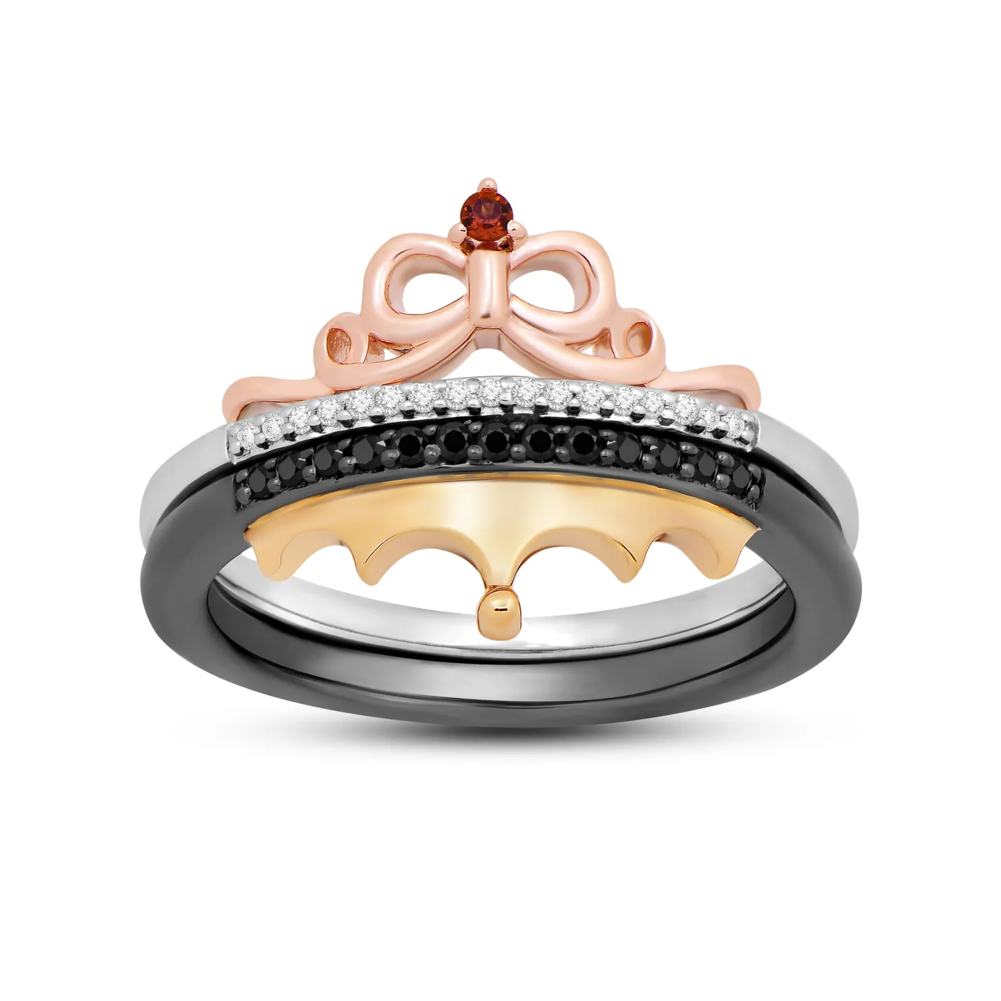Enchanted Disney Fine Jewelry 14K Rose Gold and Yellow Gold Over Sterling Silver with 1/6 CTTW Diamonds and Garnet Snow White Evil Queen Duo Ring