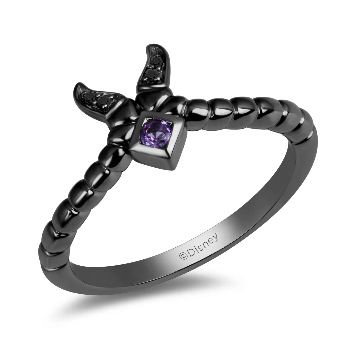 Enchanted Disney Fine Jewelry Black Rhodium Over Sterling Silver Heat Black Diamond Accent And Amethyst Maleficent Villain Ring