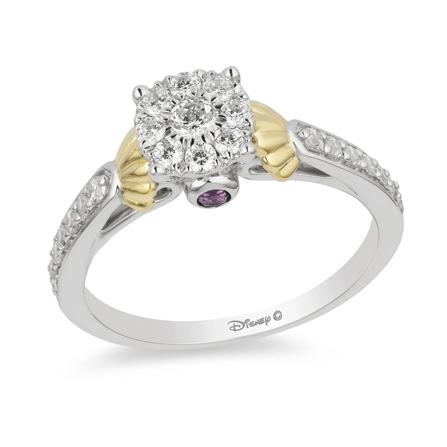 Enchanted Disney Fine Jewelry 10K White Gold and Yellow Gold 1/2 CTTW Diamond And Amethyst Ariel Engagement Ring