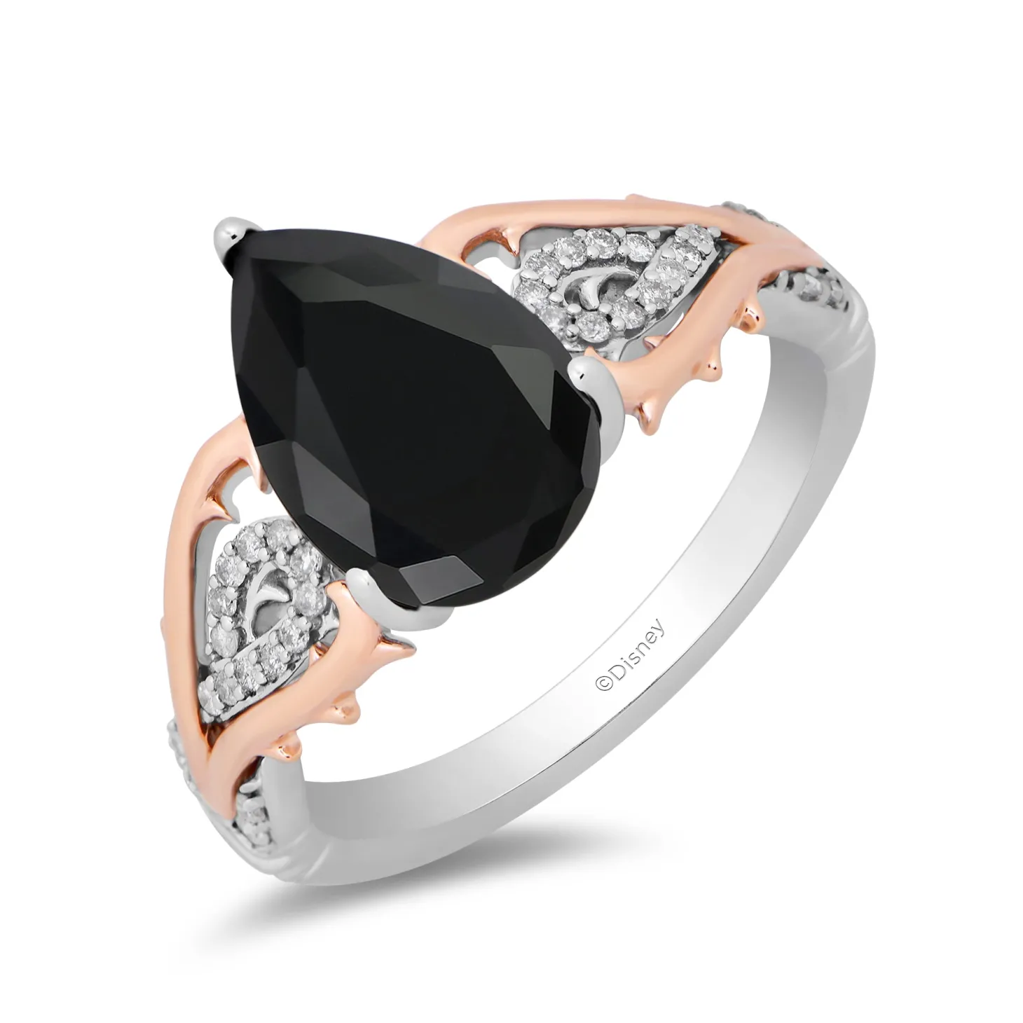 Enchanted Disney Fine Jewelry Sterling Silver and 10K Rose Gold with 1/10 CTTW Diamond and Black Spinel Maleficent Ring
