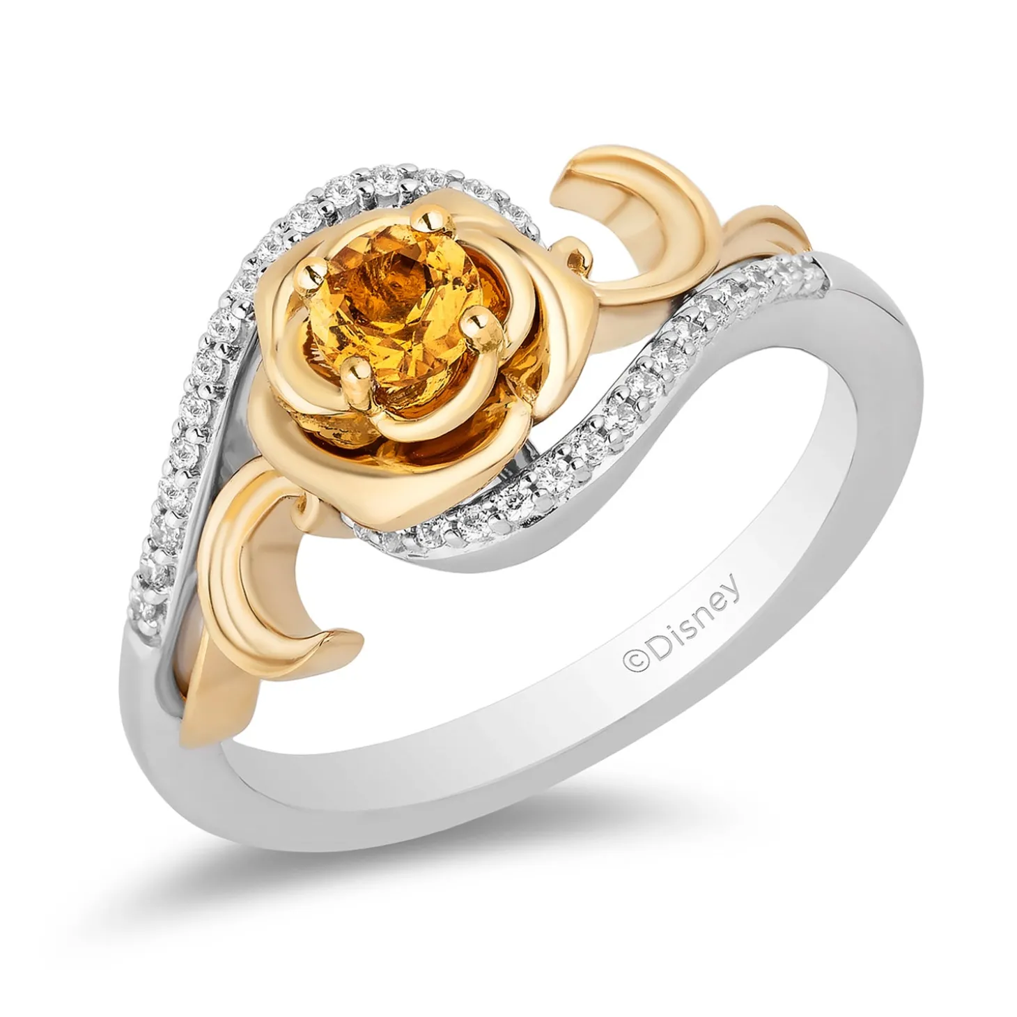 Enchanted Disney Fine Jewelry Sterling Silver and 10K Yellow Gold with 1/10 CTTW Diamond and Yellow Citrine Belle 30th Rose Ring