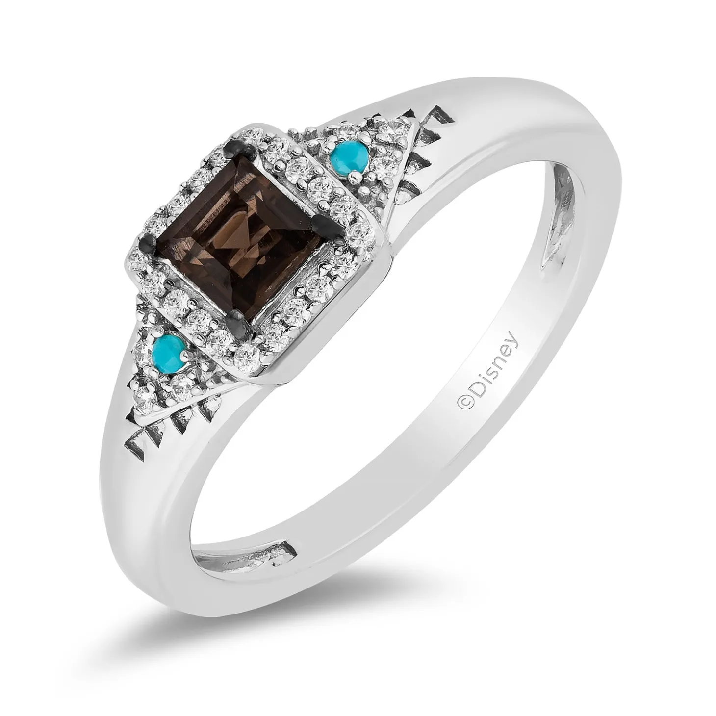 Enchanted Disney Fine Jewelry Sterling Silver with 1/10 CTTW Diamond with Smokey Quartz and Turquoise Pocahontas Ring