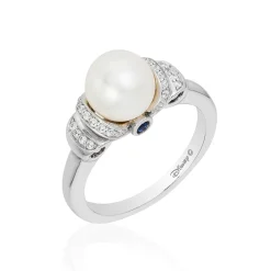 Enchanted Disney Fine Jewelry Sterling Silver 1/6 CTTW Diamond with Pearl and London Blue Topaz Cinderella Ring