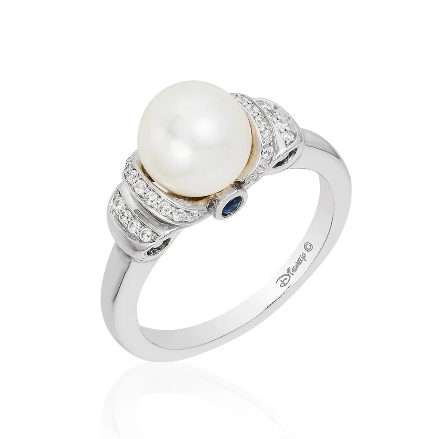 Enchanted Disney Fine Jewelry Sterling Silver 1/6 CTTW Diamond with Pearl and London Blue Topaz Cinderella Ring