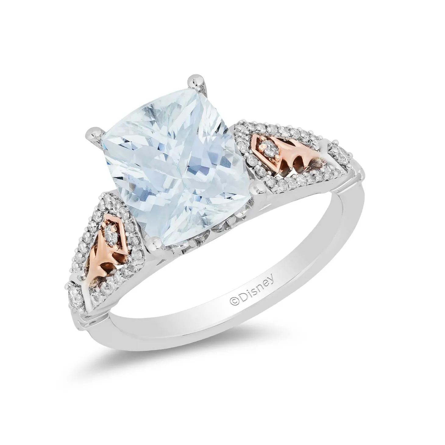 Enchanted Disney Fine Jewelry Sterling Silver and 10K Rose Gold with 1/6 CTTW Diamond with Aquamarine Elsa Ring