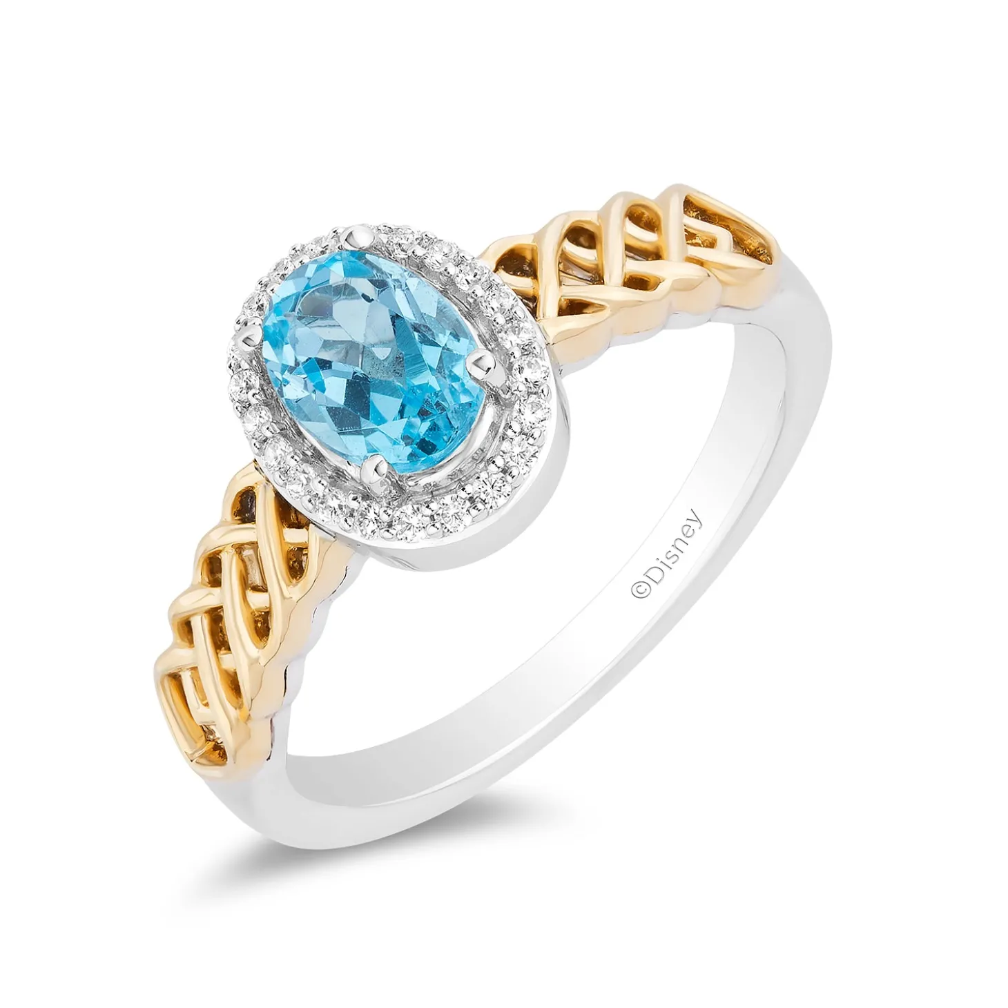 Enchanted Disney Fine Jewelry Sterling Silver and 10K Yellow Gold with 1/10 CTTW Diamond and Swiss Blue Topaz Brave 10th Anniversary Collectors Merida Halo Ring