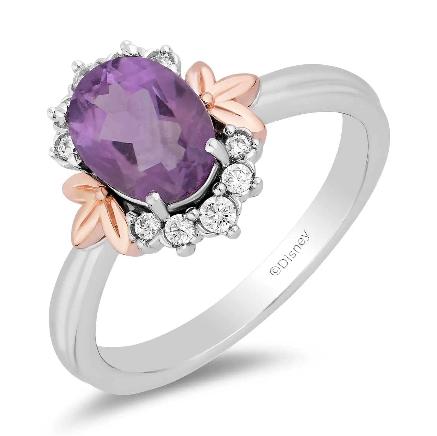 Enchanted Disney Fine Jewelry Sterling Silver and 10K Rose Gold 1/6 CTTW Diamond and Rose De France Rapunzel Ring